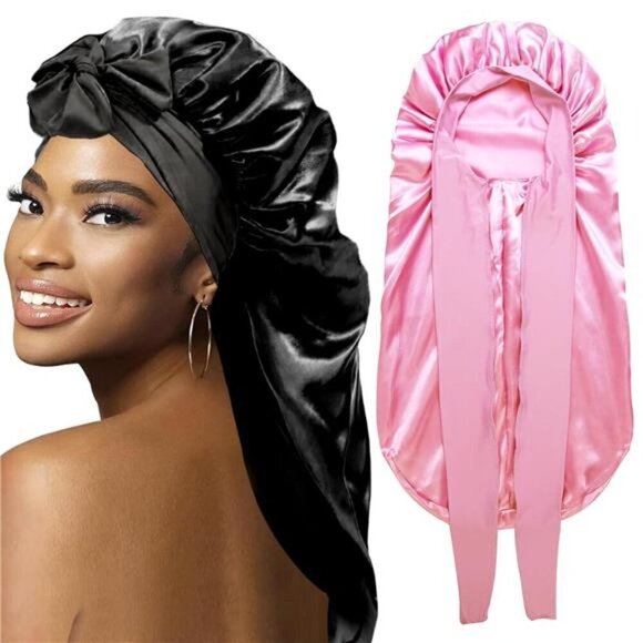 2-Pack Silk Sleep Bonnets Extra Long & Large Size Braids, Long Hair, and Natural - Picture 1 of 6